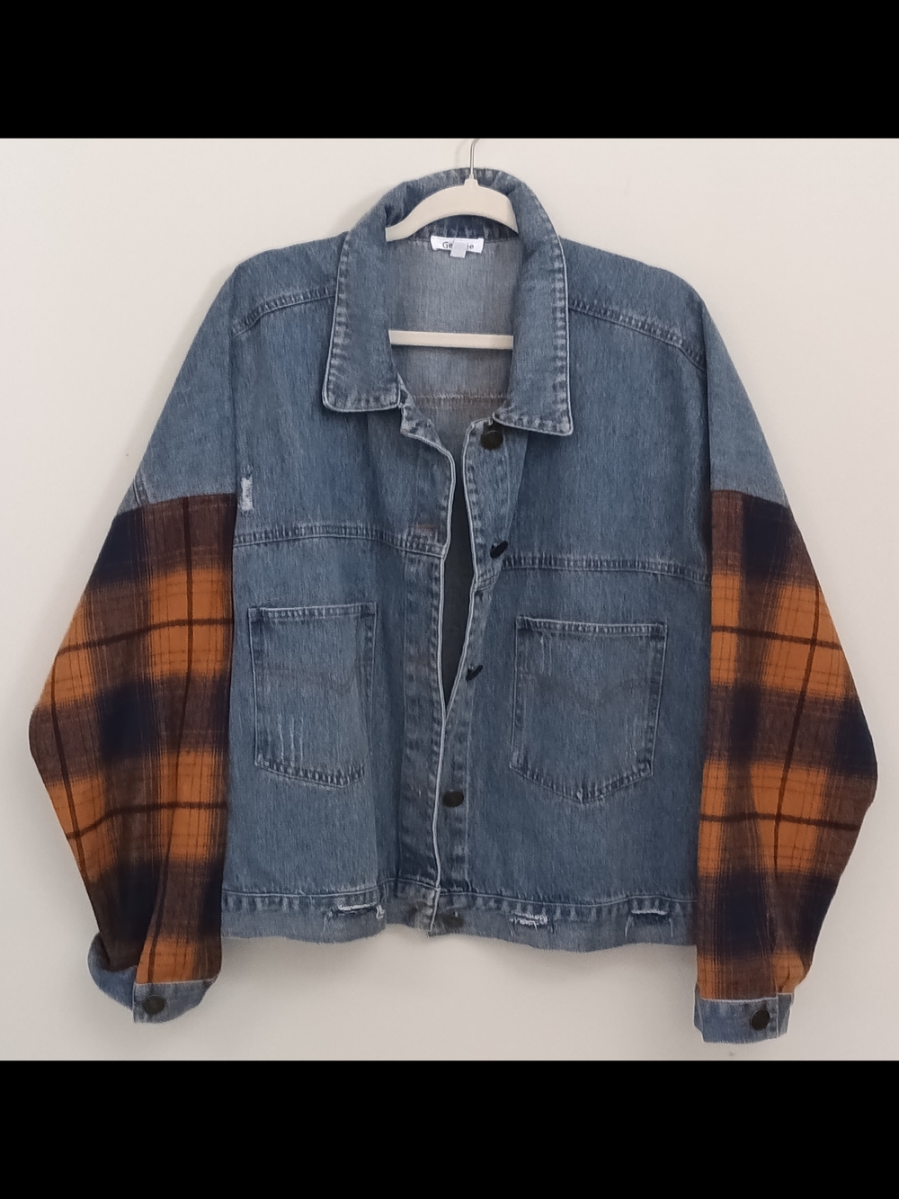 Oversized Denim Grunge Plaid Sleeve Jean Jacket 2X